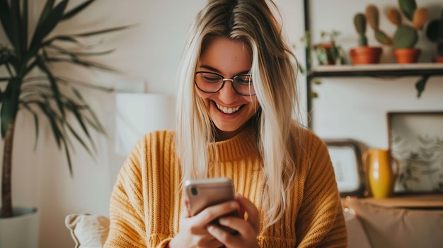 Photo happy woman texting on a phone