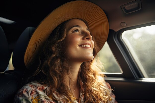 Happy woman travel summer by car in vacation Generative AI