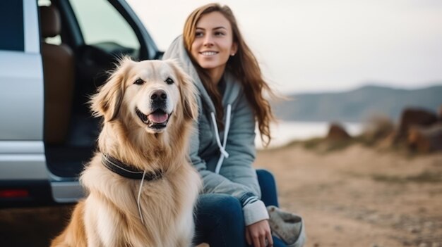 ビーチでヒーローの犬と旅行する幸せな女性