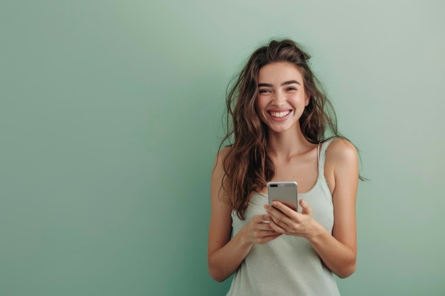 写真 電話の緑の背景を使っている幸せな女性