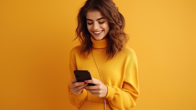 Happy Woman Using a Phone Isolated on the Minimalist Background