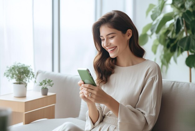 Happy woman using the phone on a sofa at home