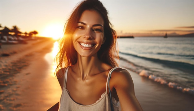 Счастливая женщина, гуляющая по пляжу на закате, сзади.