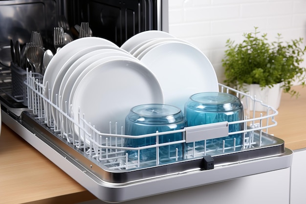 Happy woman washing white dish in bright modern kitchen with natural lighting and smiling