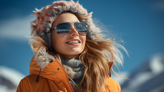 Photo happy woman wear sunglasses at winter