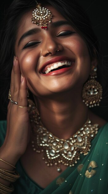 Photo a happy woman wearing beautiful jewelry