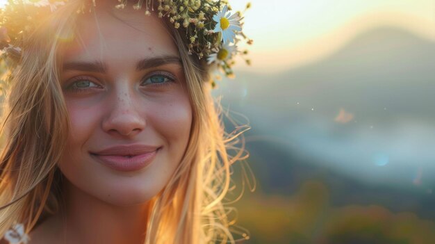 A happy woman wearing a flower crown on her head smiles at a fun event aig