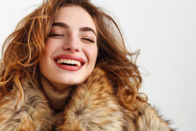 Happy woman wearing fur coat against white background