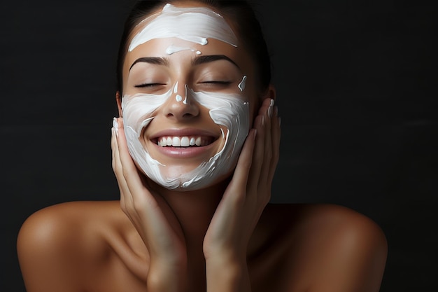 Happy woman wearing a hydrating face mask for skin care with copy space for text