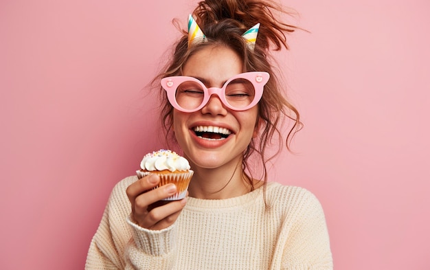 Photo happy woman wearing novelty glasses holding cupcake birthday celebration