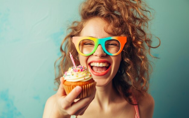 Happy woman wearing novelty glasses holding cupcake Birthday Celebration