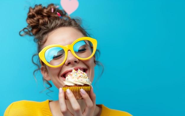 Photo happy woman wearing novelty glasses holding cupcake birthday celebration