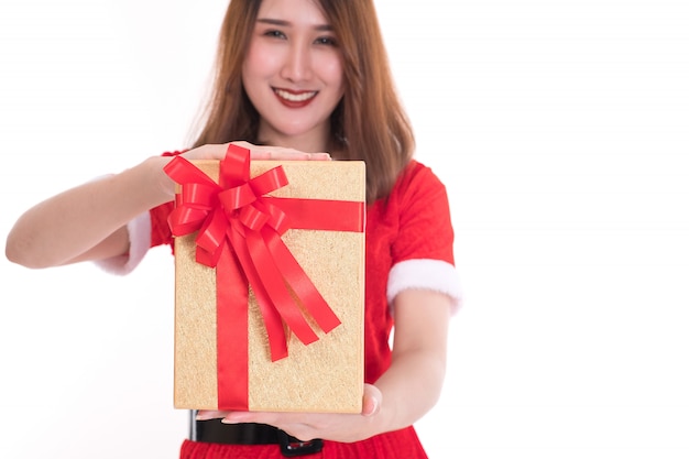 Happy woman wearing santa claus dress