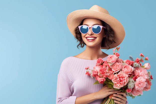 봄 의 옷 을 입은 행복 한 여자, 분홍색 선글라스,  모자, 꽃 을 들고, 파란색 배경 에 포즈 를 취 하는 여자