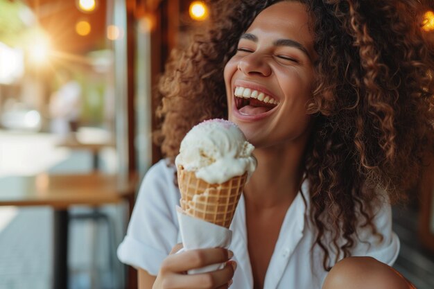 Happy Woman Wearing White Shirt Enjoying Refreshing Ice Cream