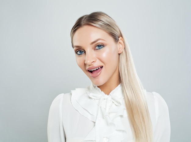 Happy woman on white background Smiling businesswoman business and education concept