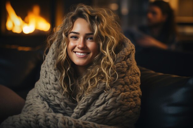 A happy woman in winter sits by the fireplace heating the house