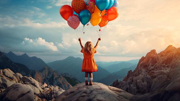 happy woman with balloons flying in sky