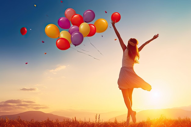 Happy Woman with Balloons at Sunset in Summer Capturing a Bright Moment in a Beautiful Landscape