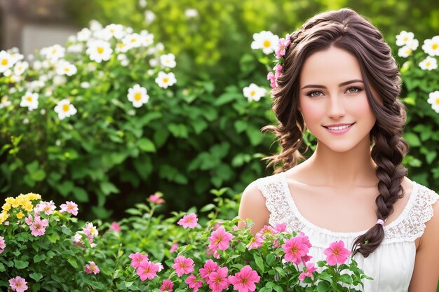 Happy woman with beautiful hair on the background of a blooming garden Generative AI