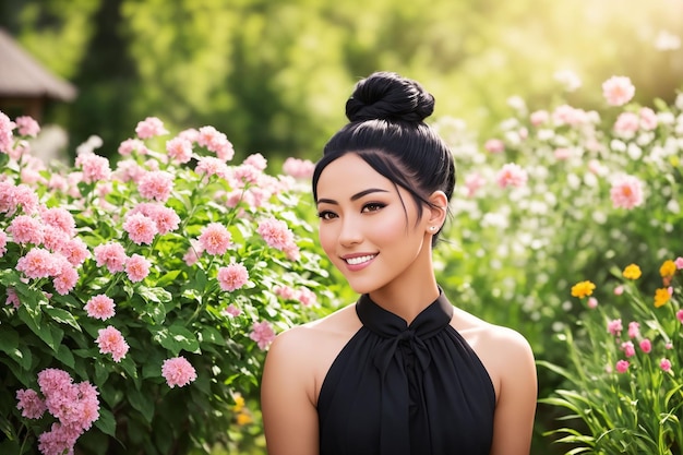 Happy woman with beautiful hair on the background of a blooming garden Generative AI