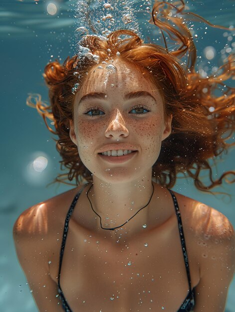 A happy woman with a bikini swims underwater in a pool smiling and having fun