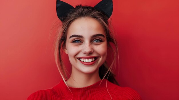 Happy Woman with Black Cat Ears Perfect for Greeting Cards