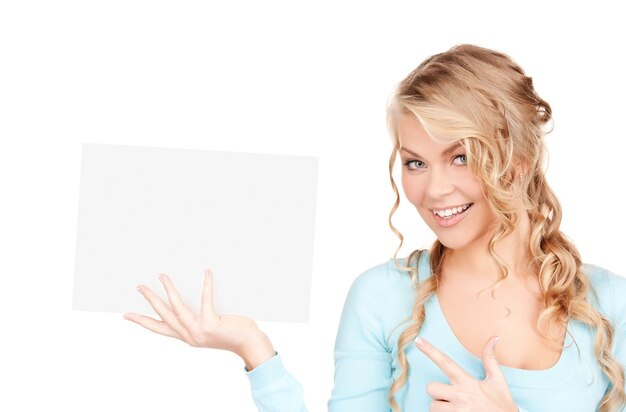 happy woman with blank board over white