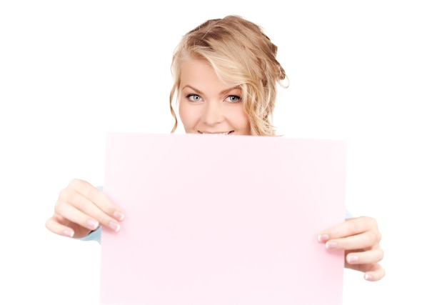 happy woman with blank board over white