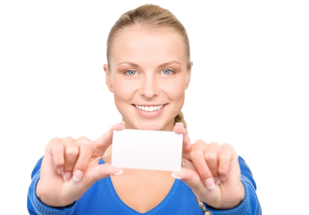 happy woman with business card over white wall