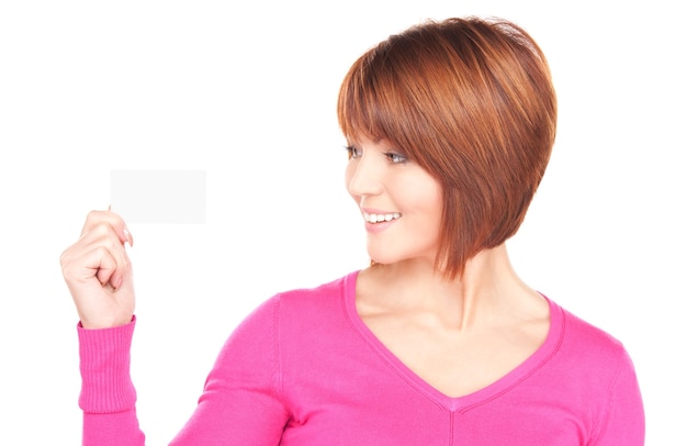 happy woman with business card over white wall