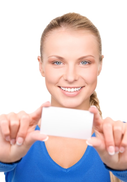 Photo happy woman with business card over white