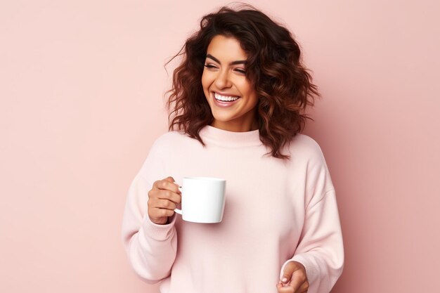 Happy woman with cup of coffee on pink background