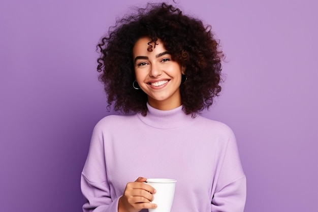 Happy woman with cup of coffee on purple background