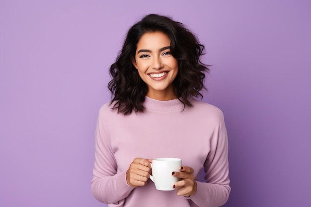 Happy woman with cup of coffee on purple background