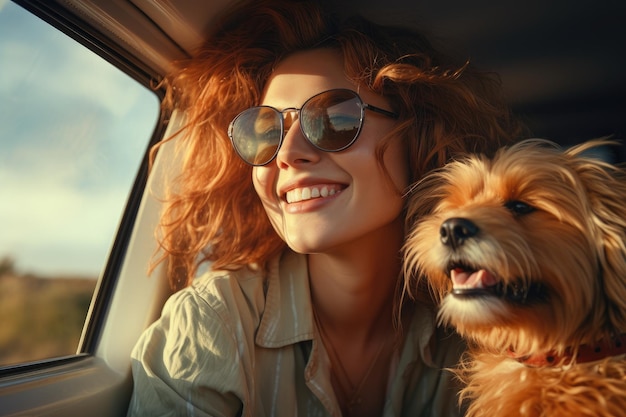 Happy woman with dog travel summer by car in vacation Generative AI