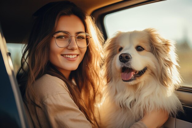 Happy woman with dog travel summer by car in vacation Generative AI