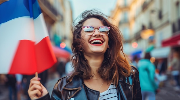 Happy woman with flag on light background