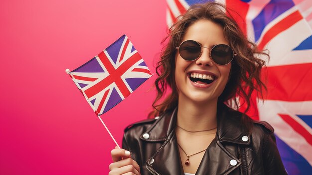 Happy woman with flag on light background