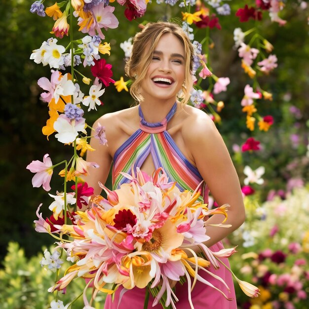 Photo happy woman with a flower bouquet