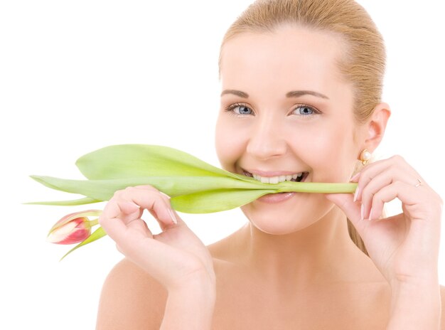 happy woman with flower over white