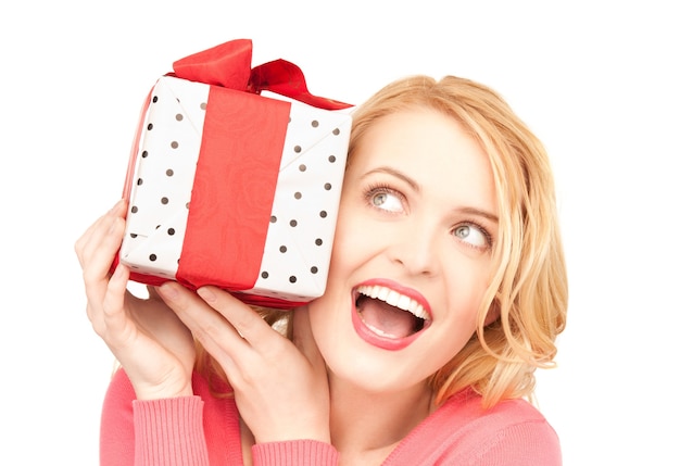 happy woman with gift box over white