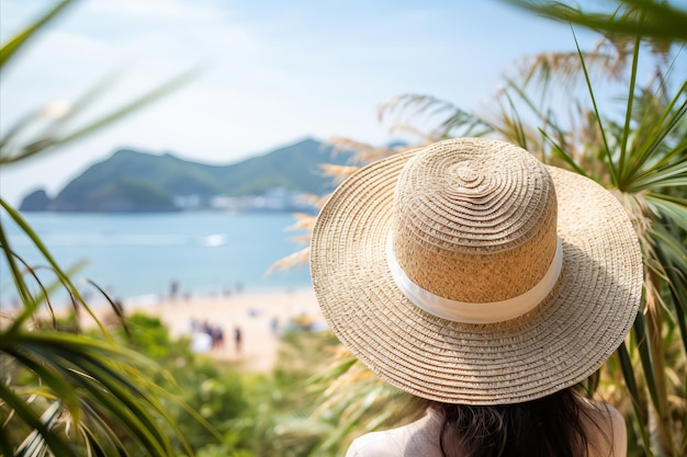 Happy Woman with Hat Relaxing at Seaside and Enjoying Summer Vacation with Palm Trees and Sea View