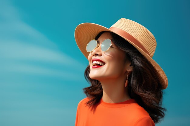 Happy woman with hat and sunglasses looking at the sky