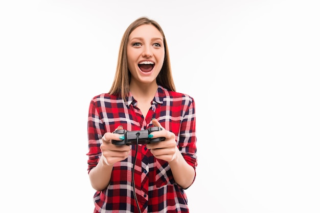 Happy woman with a joystick