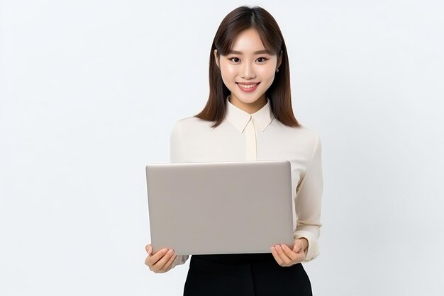 happy woman with laptop on isolated background generative AI