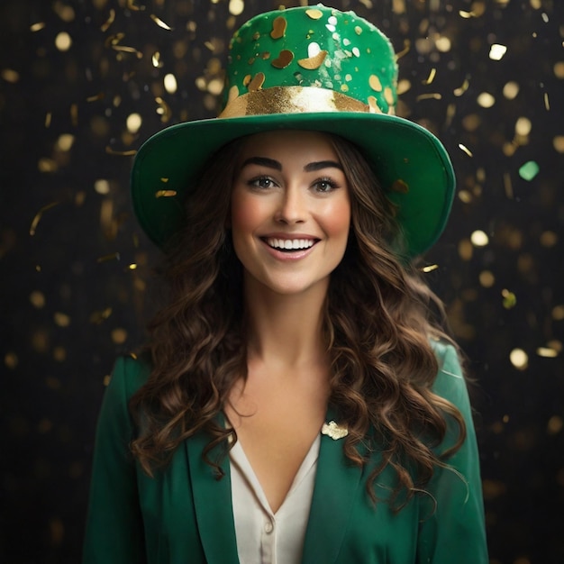 A happy woman with a leprechaun hat under a shower of confetti