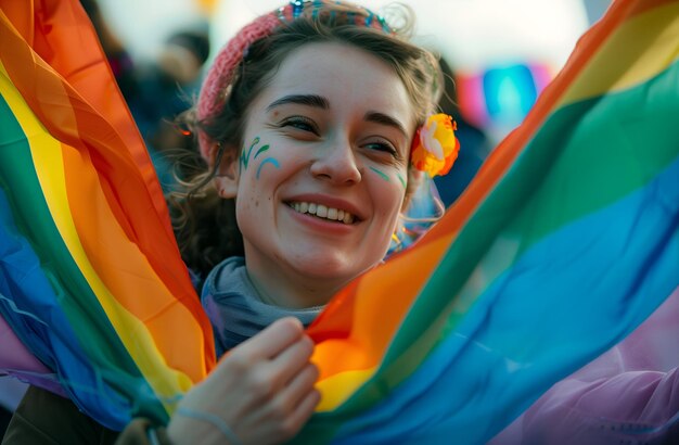 写真 lgbtiq 旗を掲げた幸せな女性