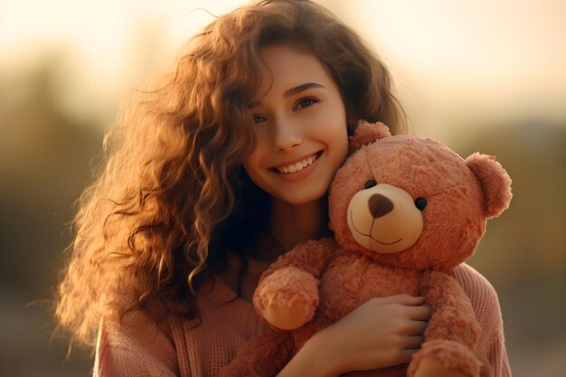 Photo happy woman with a little teddy bear