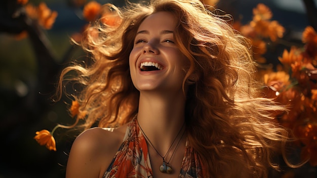 happy woman with long curly hair in a red hat and glasses. high quality photo.